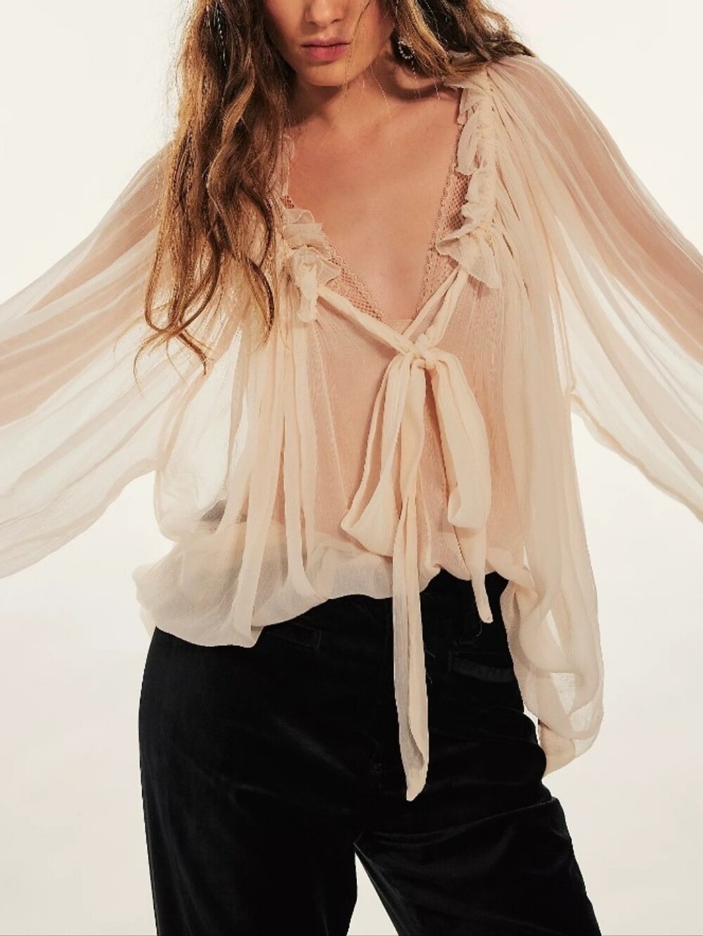 NWT Free People Chiffon Bow Top Largr Ivory